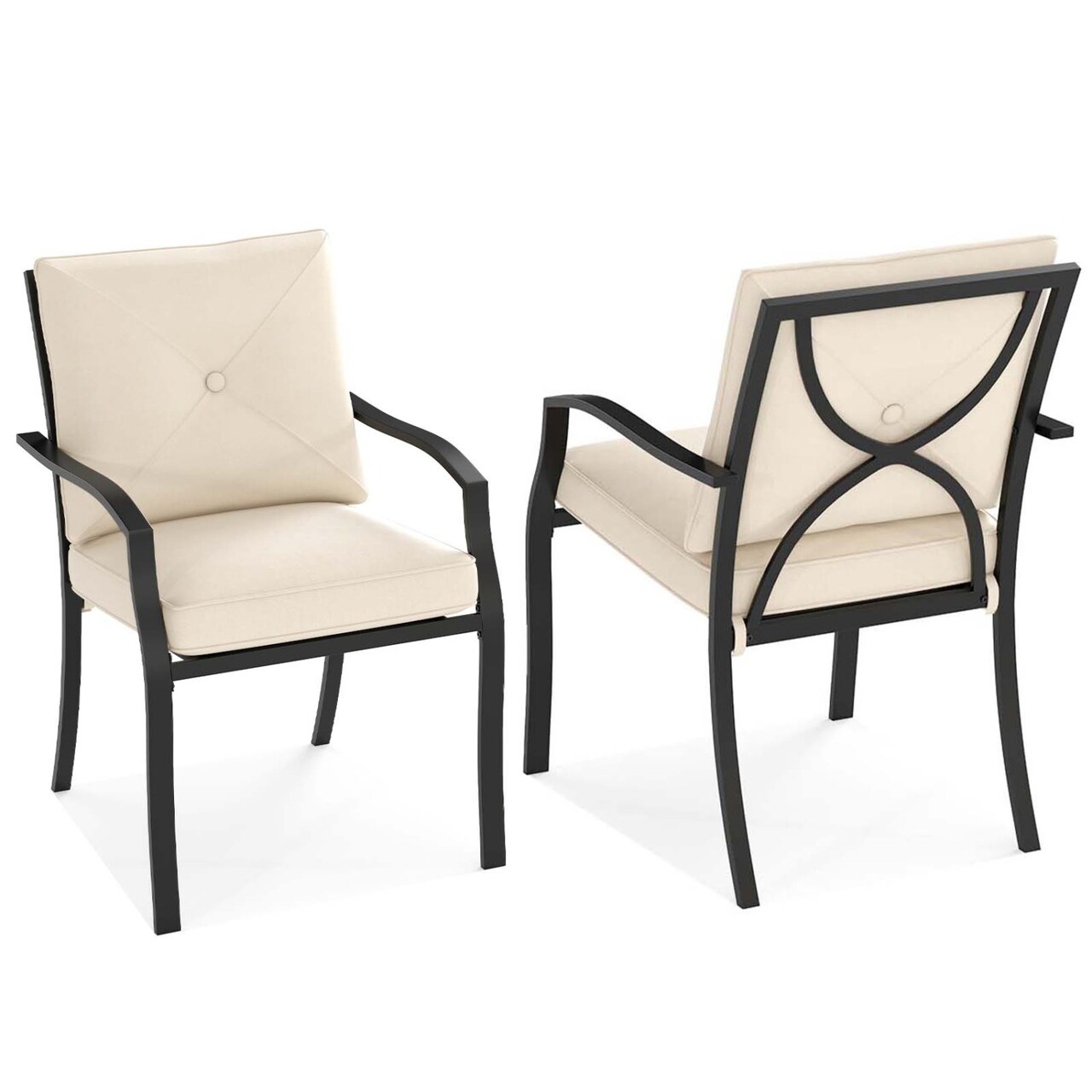 Black Patio Bistro Armchairs Set of 2 Stackable with Cushions Beige